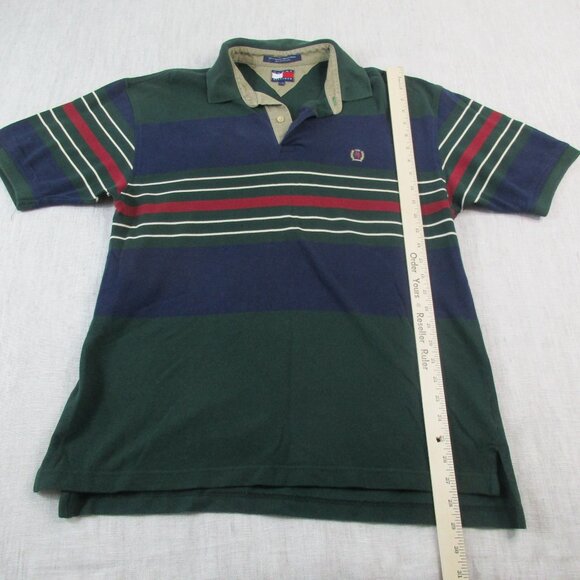 Tommy Hilfiger Polo Shirt Mens Large Green Stripe Golf Performance High Low Slit - Picture 5 of 8